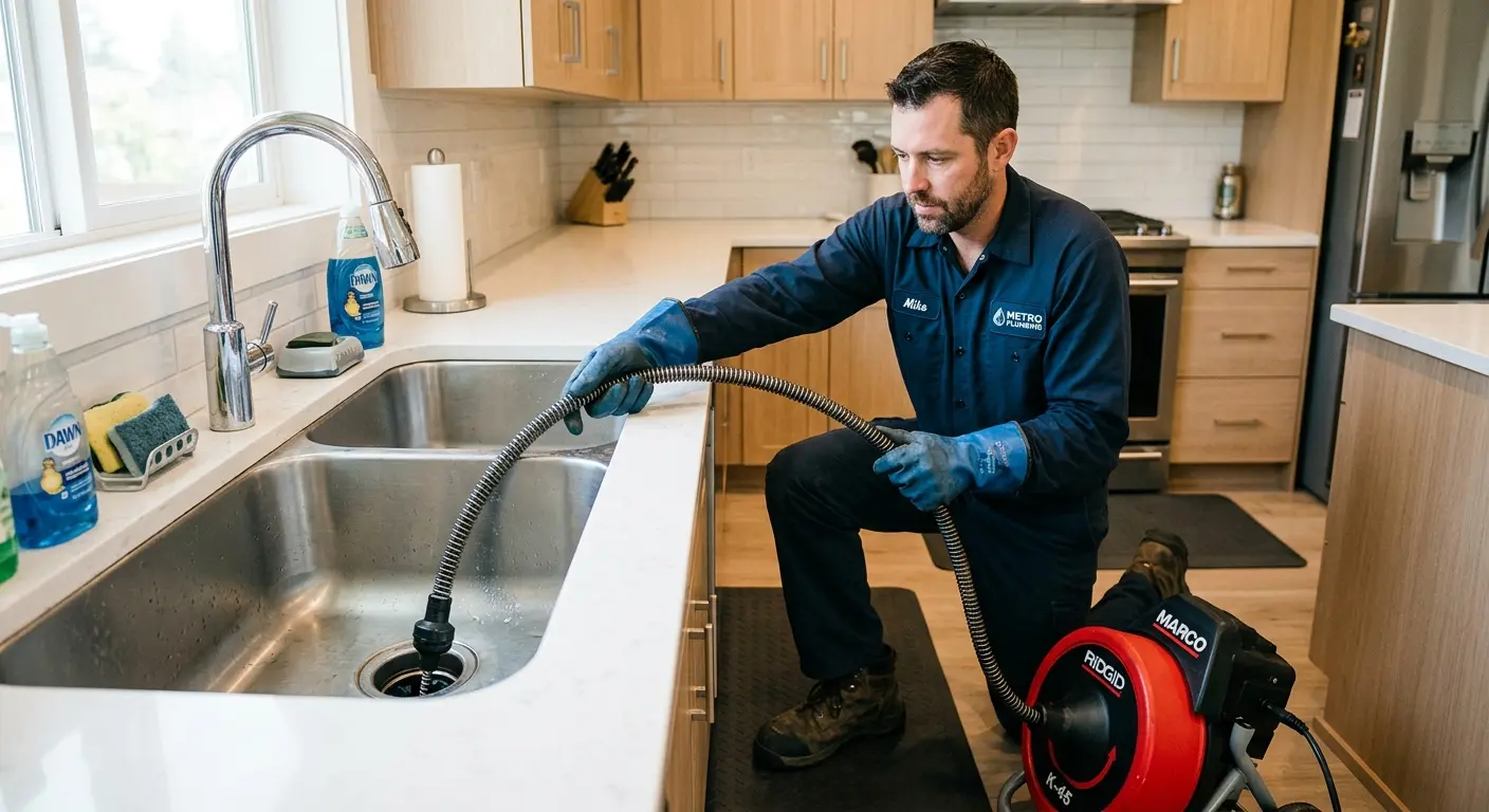 Drain cleaning technician using a motorized snake on a kitchen sink in Daytona Beach