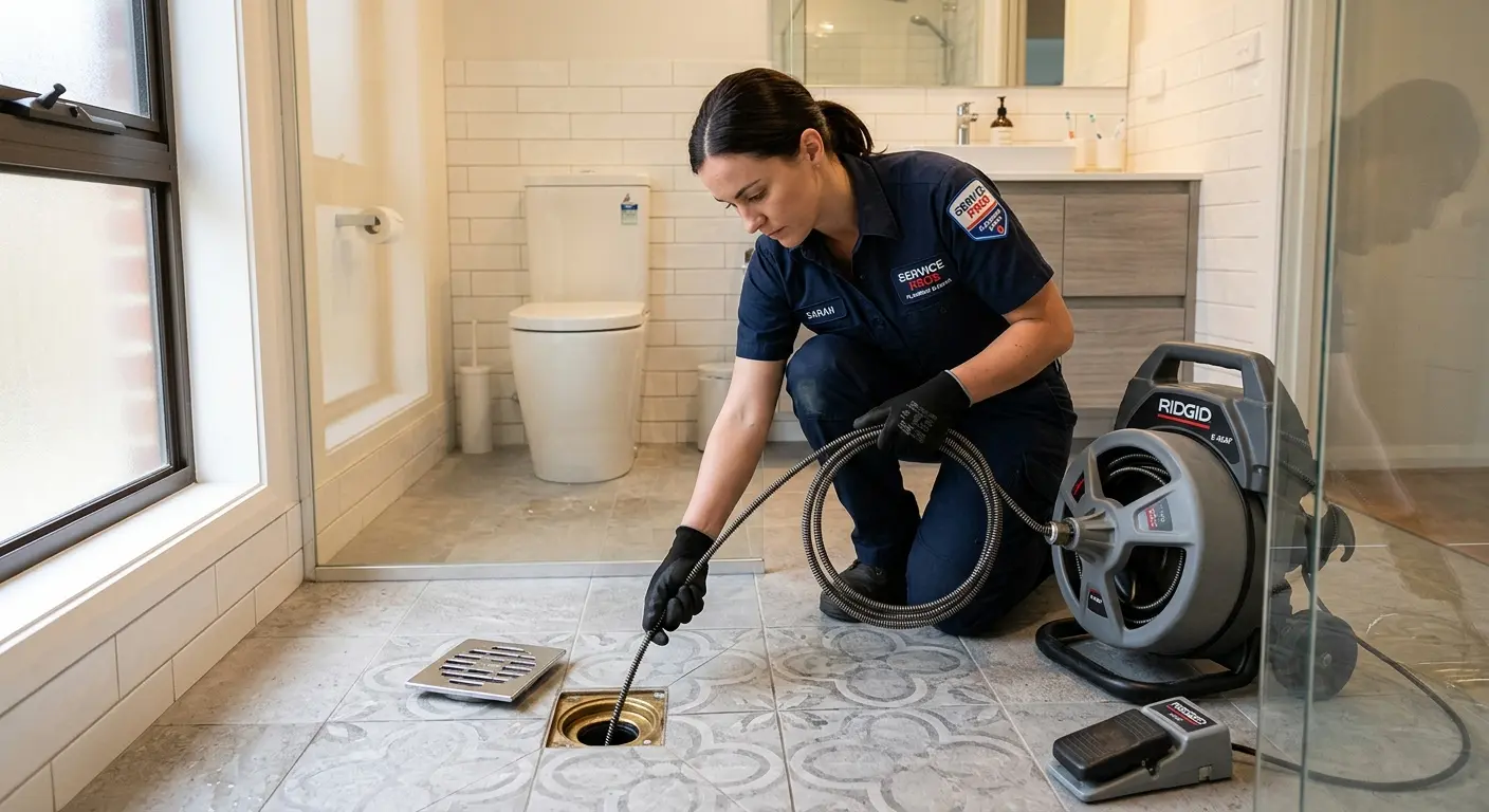 Technician clearing a bathroom floor drain for Hydro Jetting in Daytona Beach